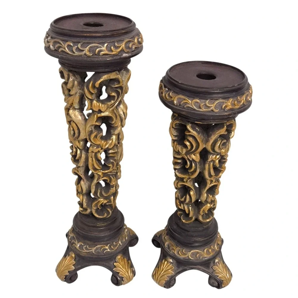 Brown & Gold Ornate Carved Scroll Pillar Candle Holders (Set of 2)